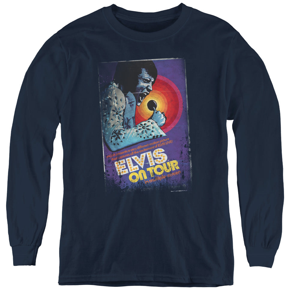 AN OFFCIALLY LICENSED ELVIS PRESLEY ON TOUR POSTER YOUTH LONG SLEEVE T-SHIRT NAVY
