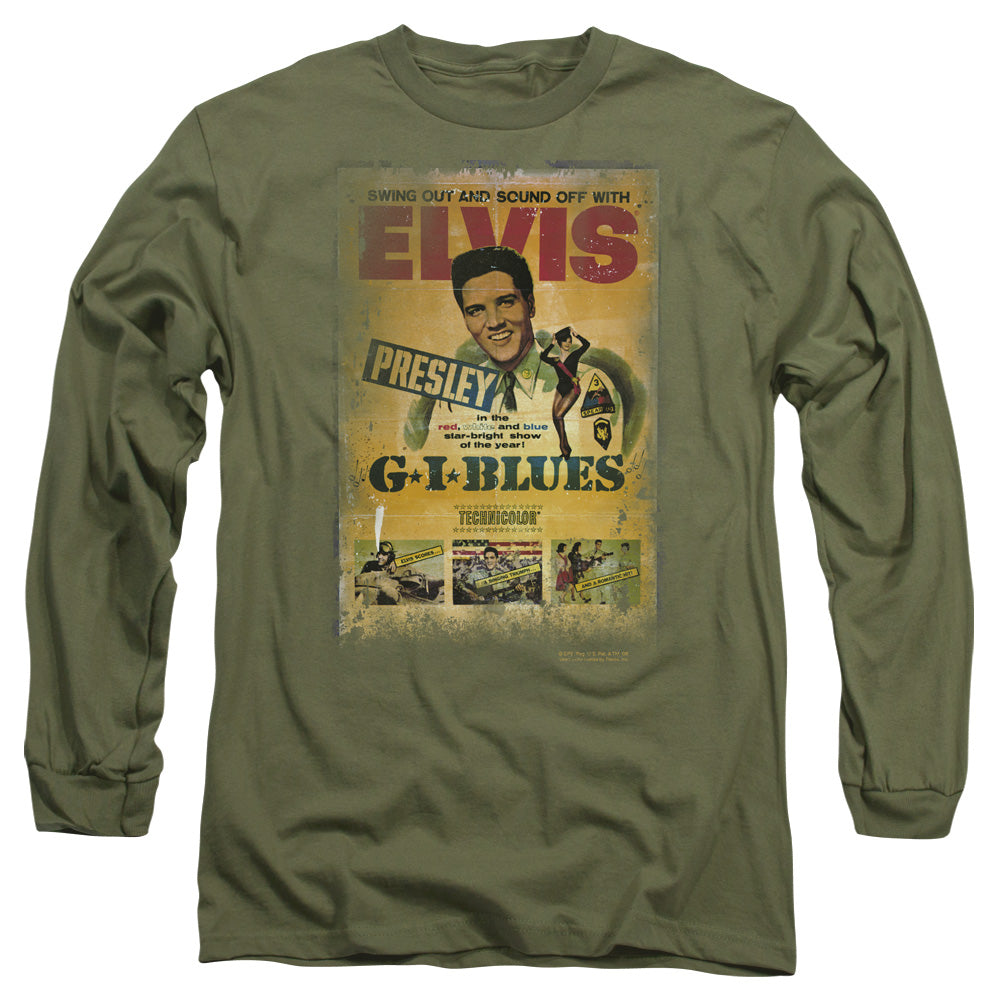 AN OFFCIALLY LICENSED ELVIS PRESLEY GI BLUES POSTER MEN'S LONG SLEEVE T-SHIRT MILITARY GREEN