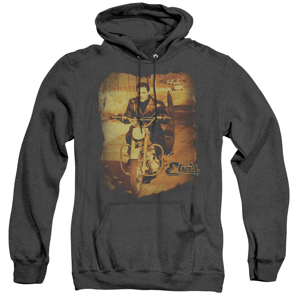 AN OFFCIALLY LICENSED ELVIS PRESLEY HIT THE ROAD ADULT UNISEX HEATHER PULLOVER HOODIE BLACK