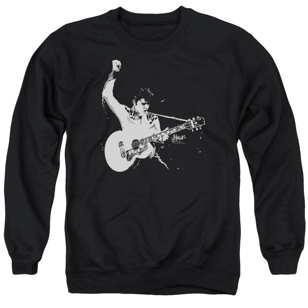 AN OFFCIALLY LICENSED ELVIS PRESLEY BLACK&WHITE GUITARMAN ADULT UNISEX CREWNECK SWEATSHIRT BLACK