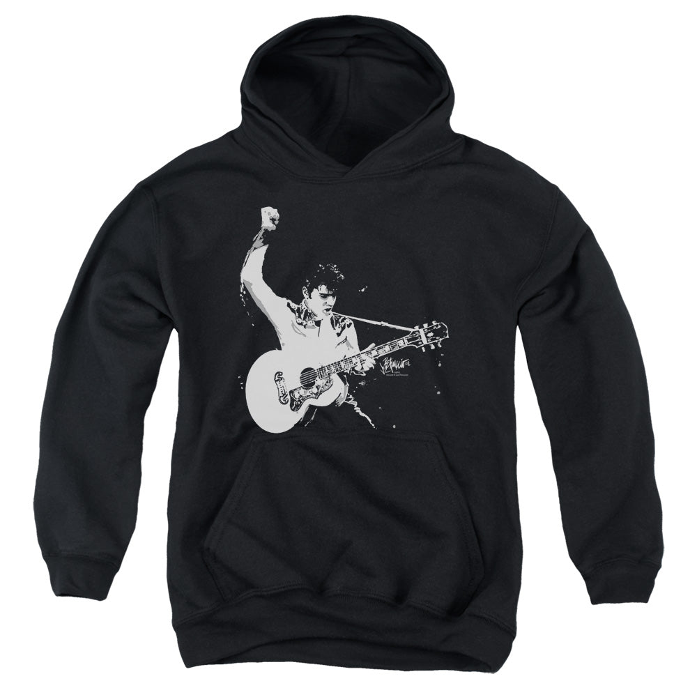 AN OFFCIALLY LICENSED ELVIS PRESLEY BLACK&WHITE GUITARMAN YOUTH HOODIE BLACK