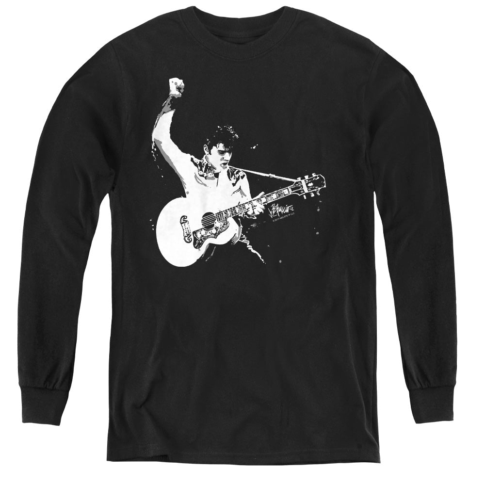 AN OFFCIALLY LICENSED ELVIS PRESLEY BLACK&WHITE GUITARMAN YOUTH LONG SLEEVE T-SHIRT BLACK
