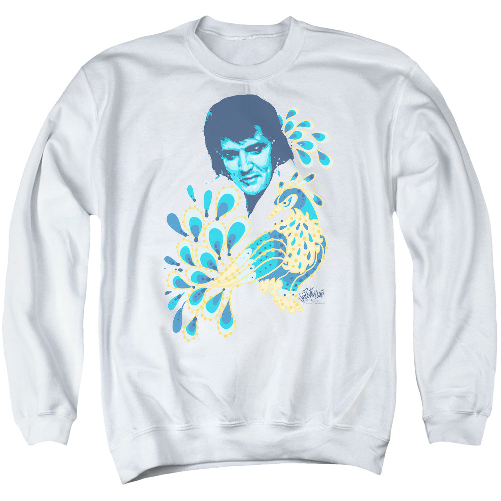 AN OFFCIALLY LICENSED ELVIS PRESLEY PEACOCK ADULT UNISEX CREWNECK SWEATSHIRT WHITE
