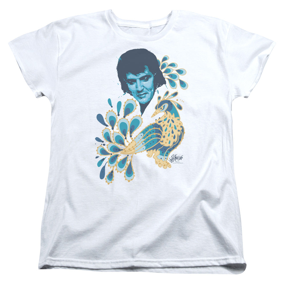 AN OFFCIALLY LICENSED ELVIS PRESLEY PEACOCK WOMEN'S REGULAR FIT T-SHIRT WHITE