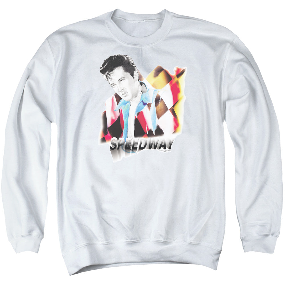 AN OFFCIALLY LICENSED ELVIS PRESLEY SPEEDWAY ADULT UNISEX CREWNECK SWEATSHIRT WHITE