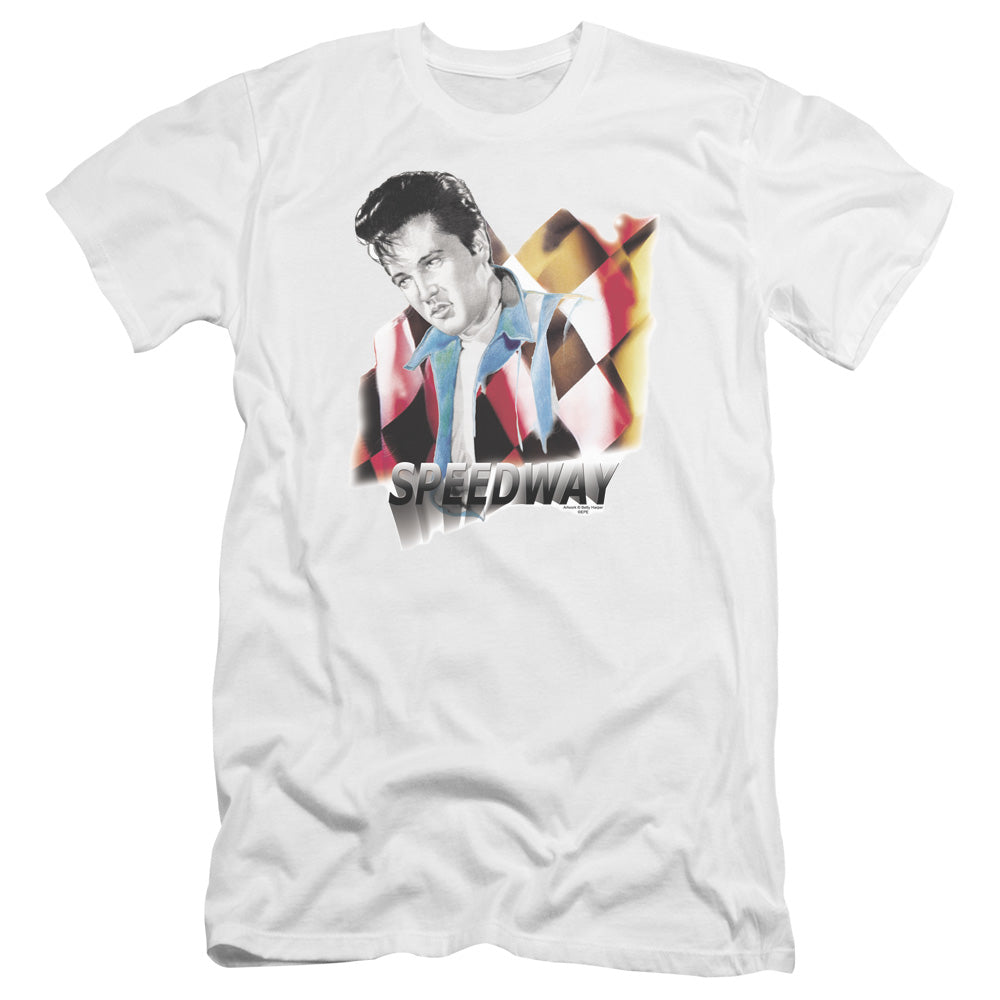 AN OFFCIALLY LICENSED ELVIS PRESLEY SPEEDWAY MEN'S PREMIUM SLIM FIT T-SHIRT WHITE
