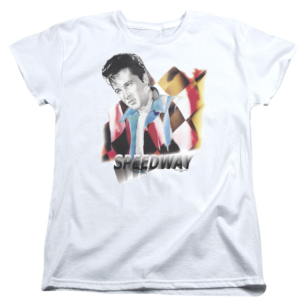 AN OFFCIALLY LICENSED ELVIS PRESLEY SPEEDWAY WOMEN'S REGULAR FIT T-SHIRT WHITE