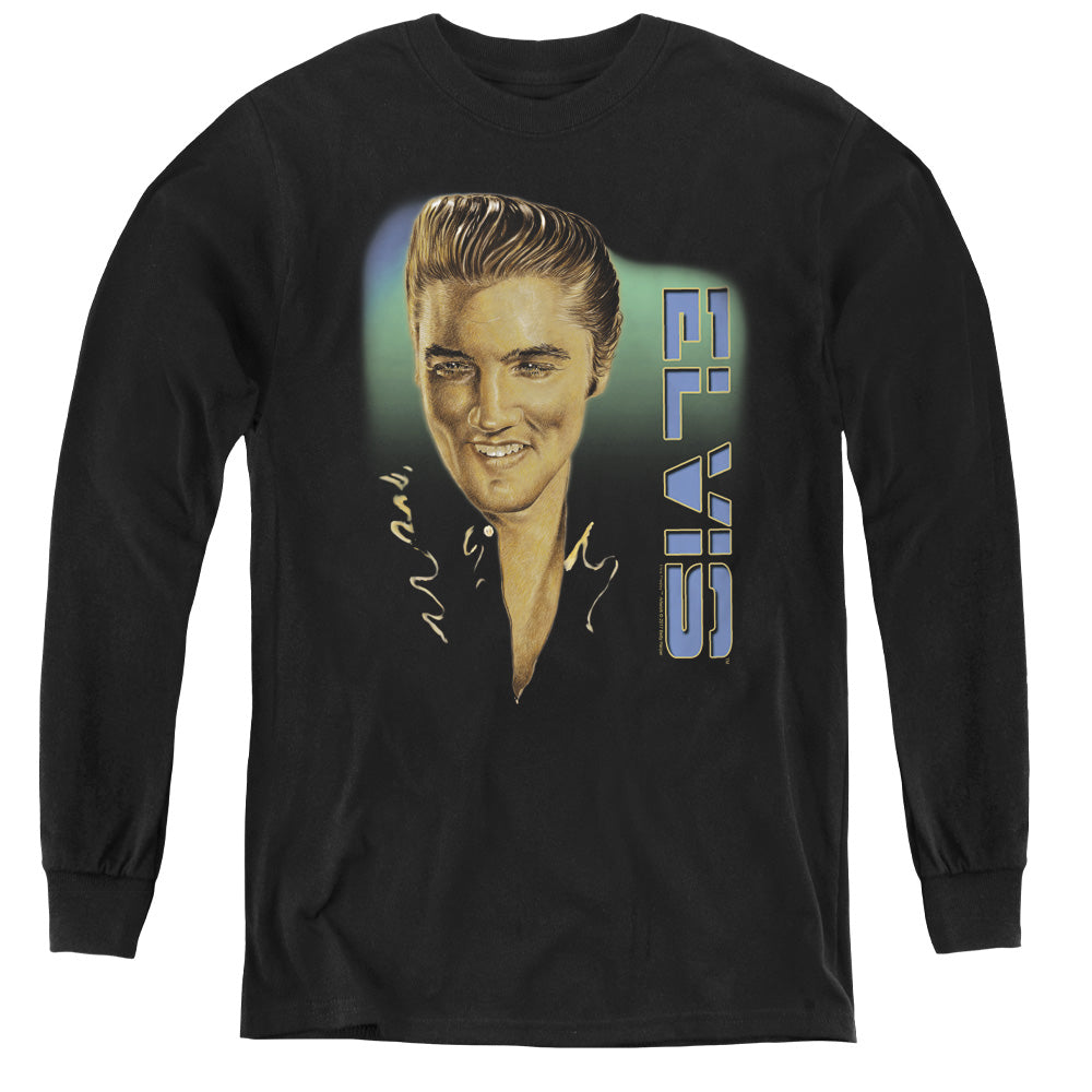 AN OFFCIALLY LICENSED ELVIS PRESLEY ELVIS 56 YOUTH LONG SLEEVE T-SHIRT BLACK