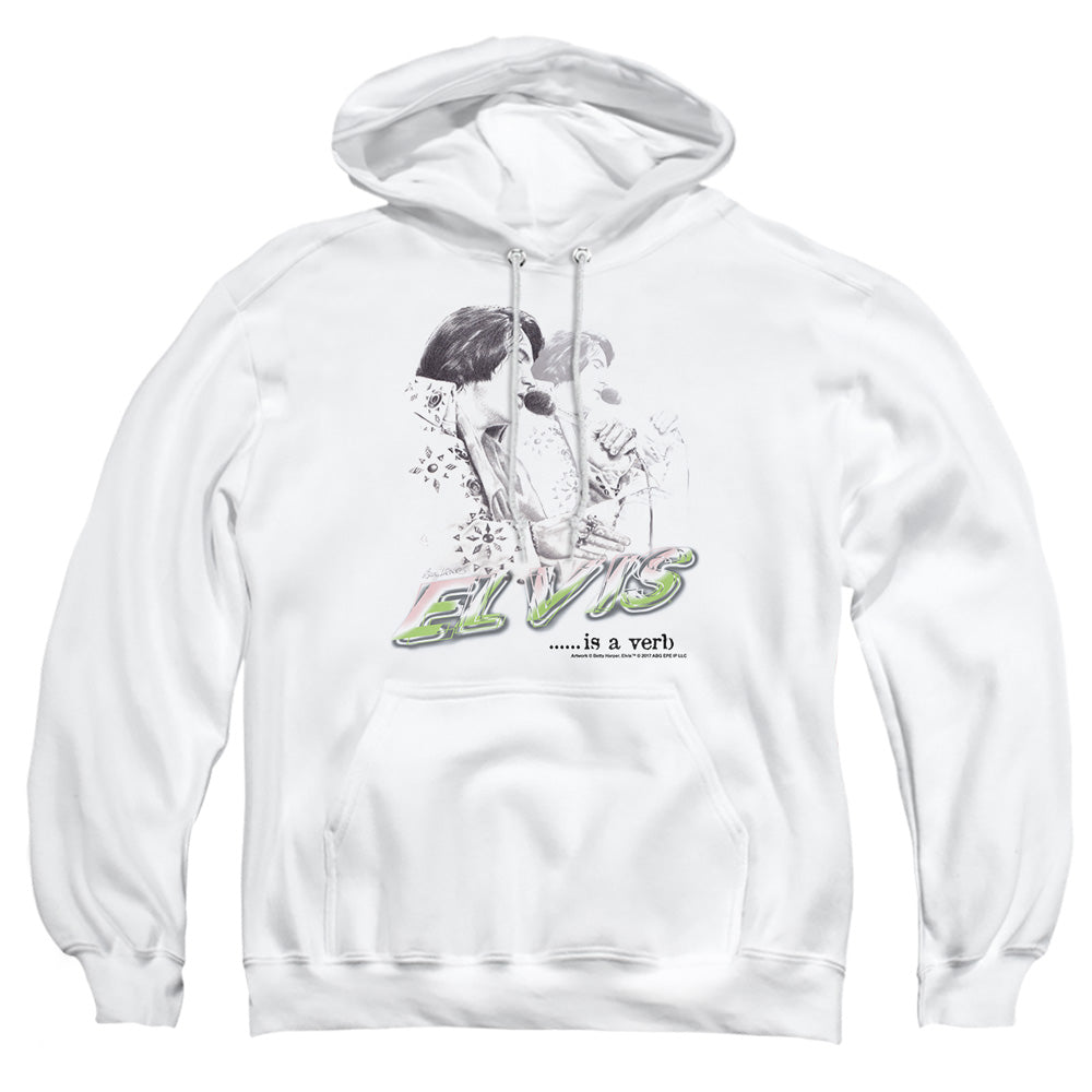 AN OFFCIALLY LICENSED ELVIS PRESLEY ELVIS IS A VERB ADULT UNISEX PULLOVER HOODIE WHITE