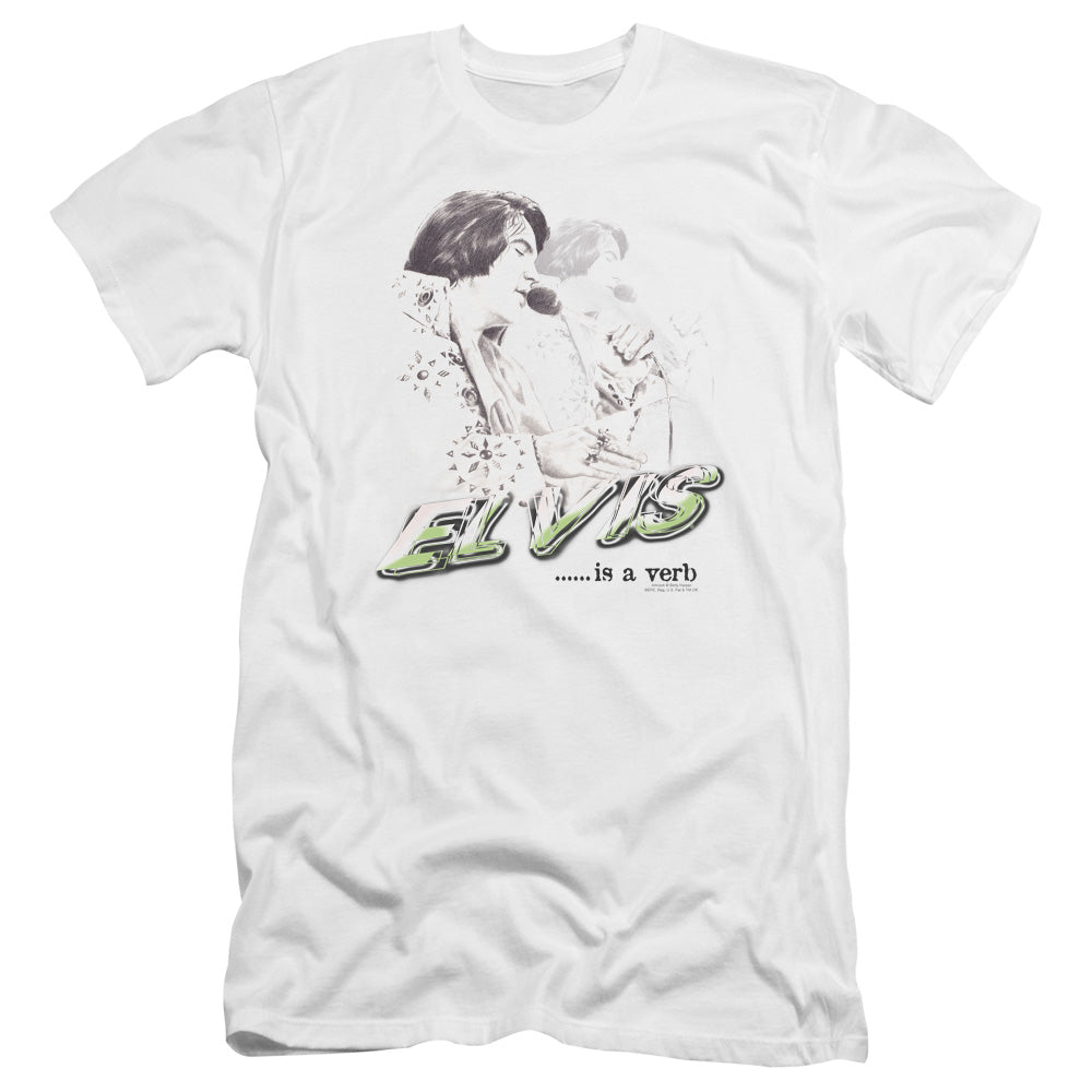 AN OFFCIALLY LICENSED ELVIS PRESLEY ELVIS IS A VERB MEN'S PREMIUM SLIM FIT T-SHIRT WHITE