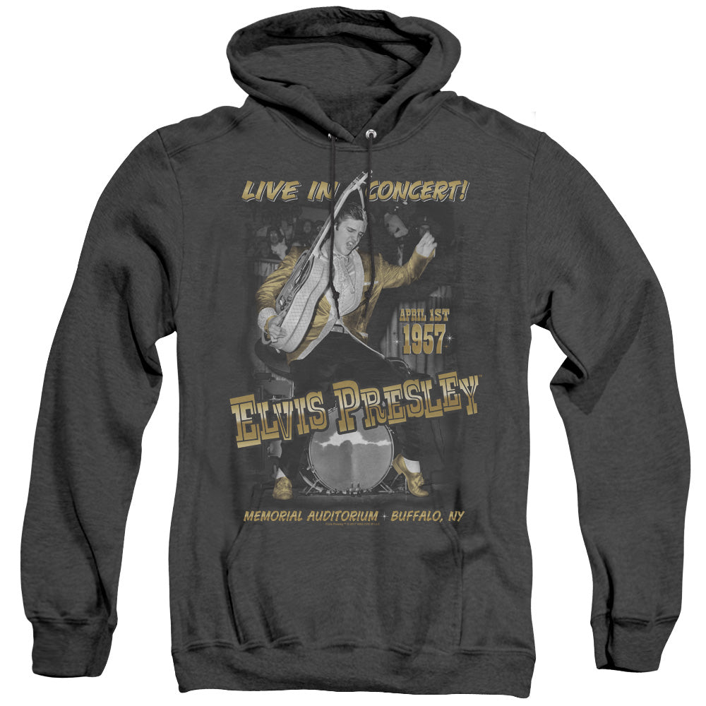 AN OFFCIALLY LICENSED ELVIS PRESLEY LIVE IN BUFFALO ADULT UNISEX HEATHER PULLOVER HOODIE BLACK