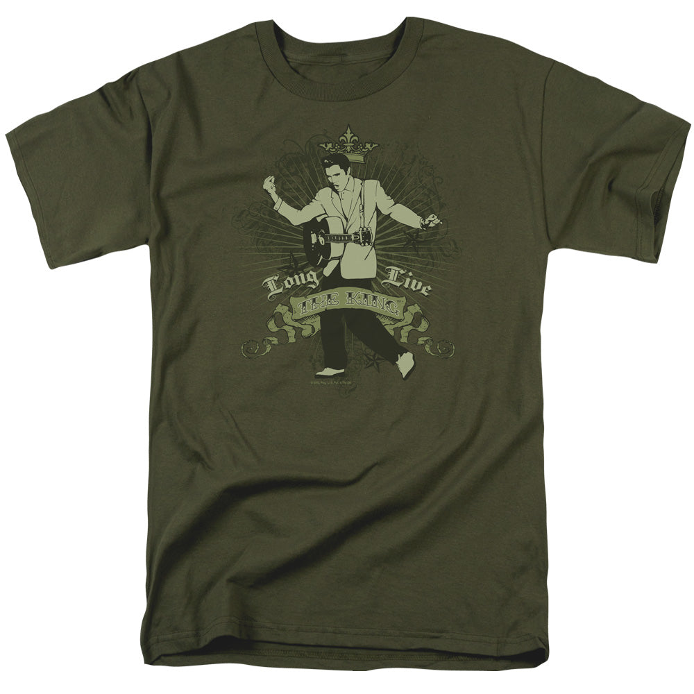 AN OFFCIALLY LICENSED ELVIS PRESLEY LONG LIVE THE KING MEN'S REGULAR FIT T-SHIRT MILITARY GREEN