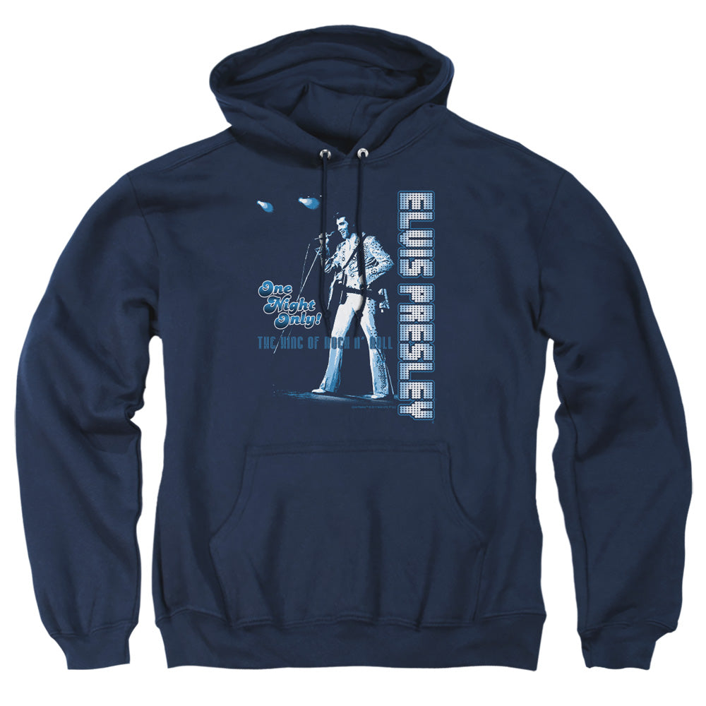 AN OFFCIALLY LICENSED ELVIS PRESLEY ONE NIGHT ONLY ADULT UNISEX PULLOVER HOODIE NAVY