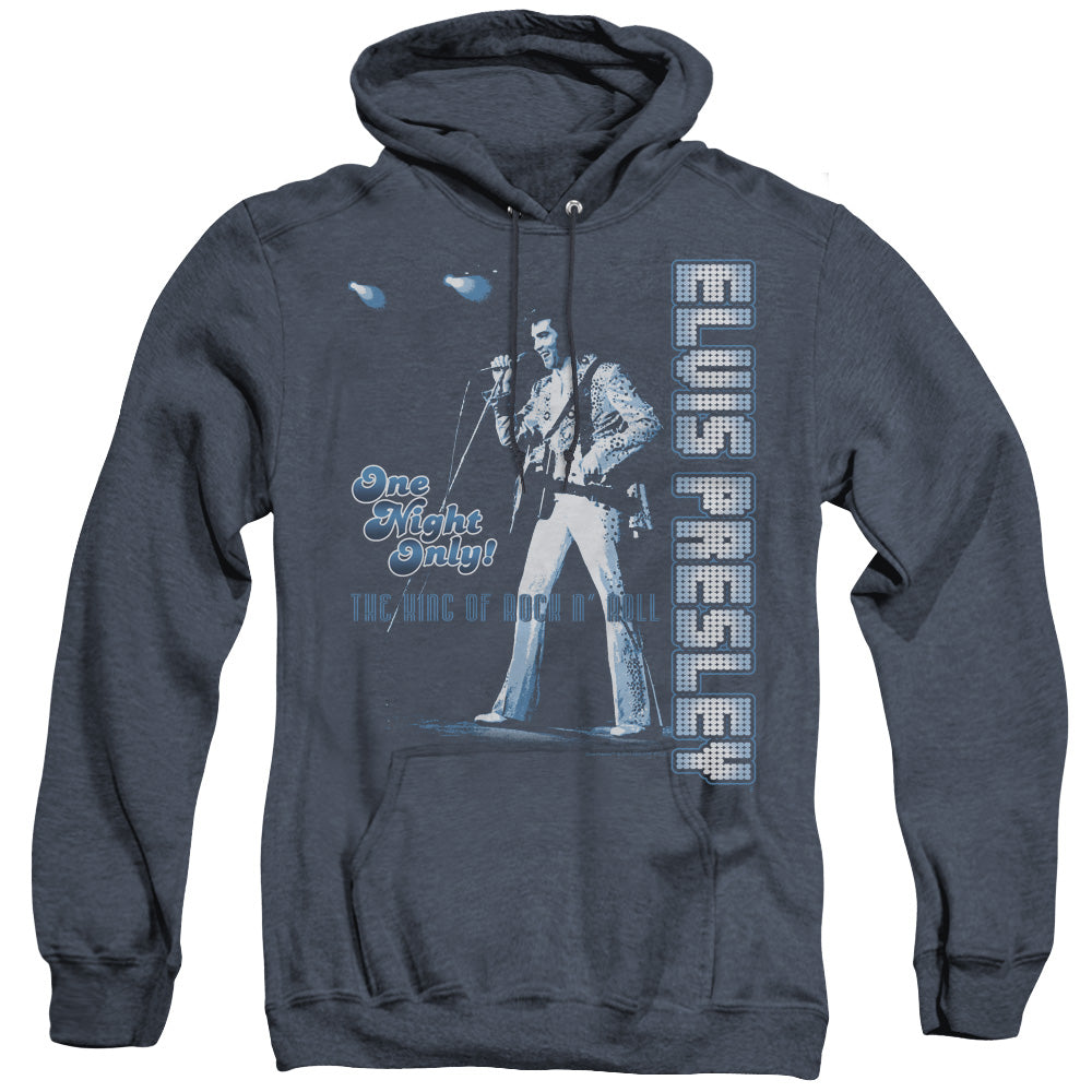 AN OFFCIALLY LICENSED ELVIS PRESLEY ONE NIGHT ONLY ADULT UNISEX HEATHER PULLOVER HOODIE NAVY