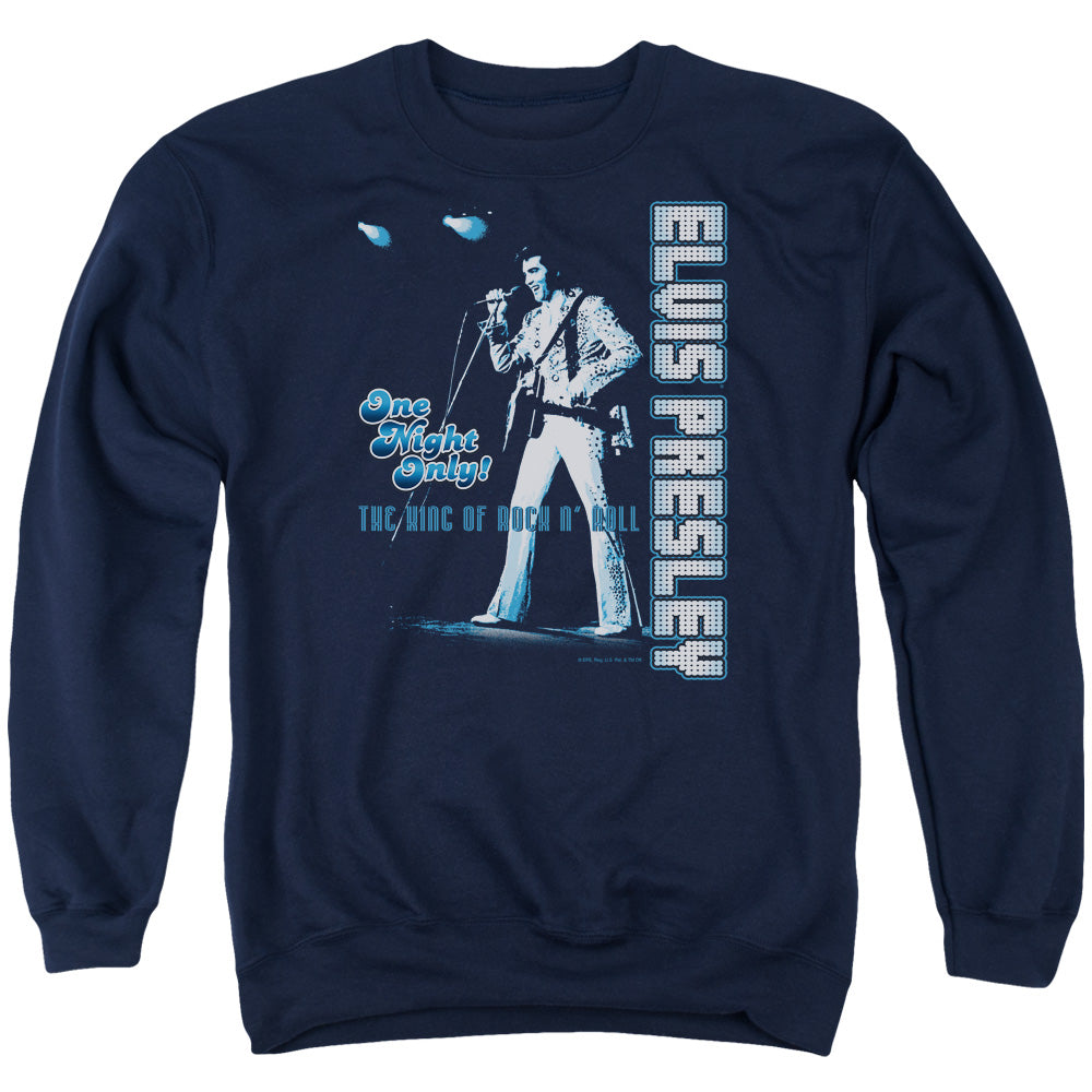 AN OFFCIALLY LICENSED ELVIS PRESLEY ONE NIGHT ONLY ADULT UNISEX CREWNECK SWEATSHIRT NAVY