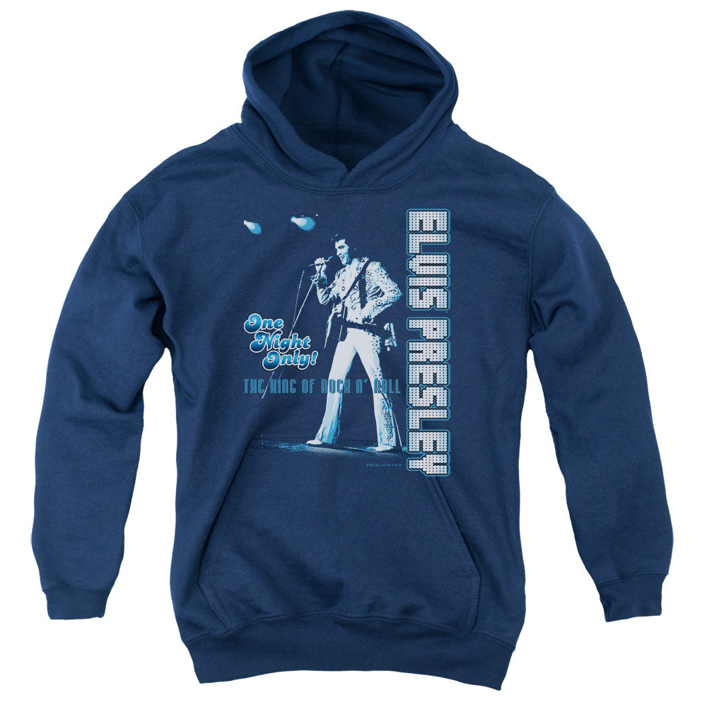 AN OFFCIALLY LICENSED ELVIS PRESLEY ONE NIGHT ONLY YOUTH HOODIE NAVY