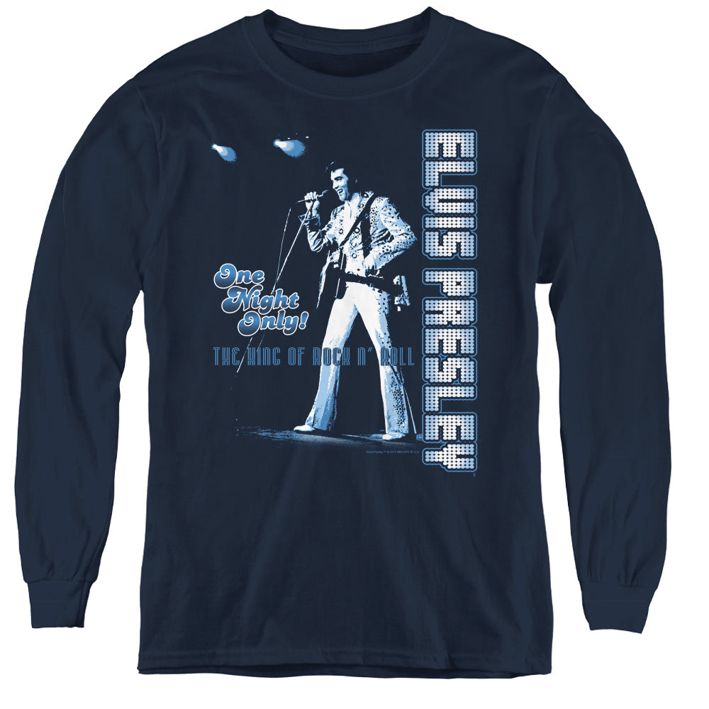 AN OFFCIALLY LICENSED ELVIS PRESLEY ONE NIGHT ONLY YOUTH LONG SLEEVE T-SHIRT NAVY