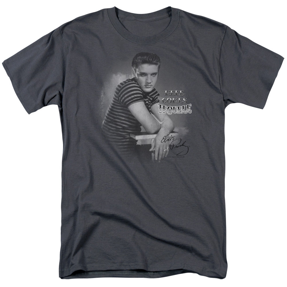 AN OFFCIALLY LICENSED ELVIS PRESLEY TROUBLE MEN'S REGULAR FIT T-SHIRT CHARCOAL