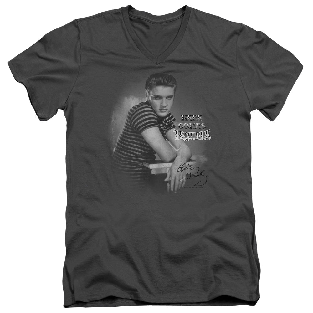 AN OFFCIALLY LICENSED ELVIS PRESLEY TROUBLE MEN'S V-NECK T-SHIRT CHARCOAL