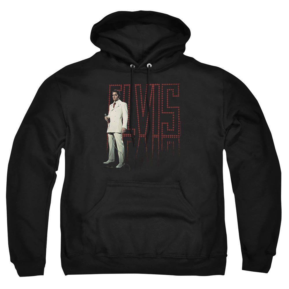 AN OFFCIALLY LICENSED ELVIS PRESLEY WHITE SUIT ADULT UNISEX PULLOVER HOODIE BLACK