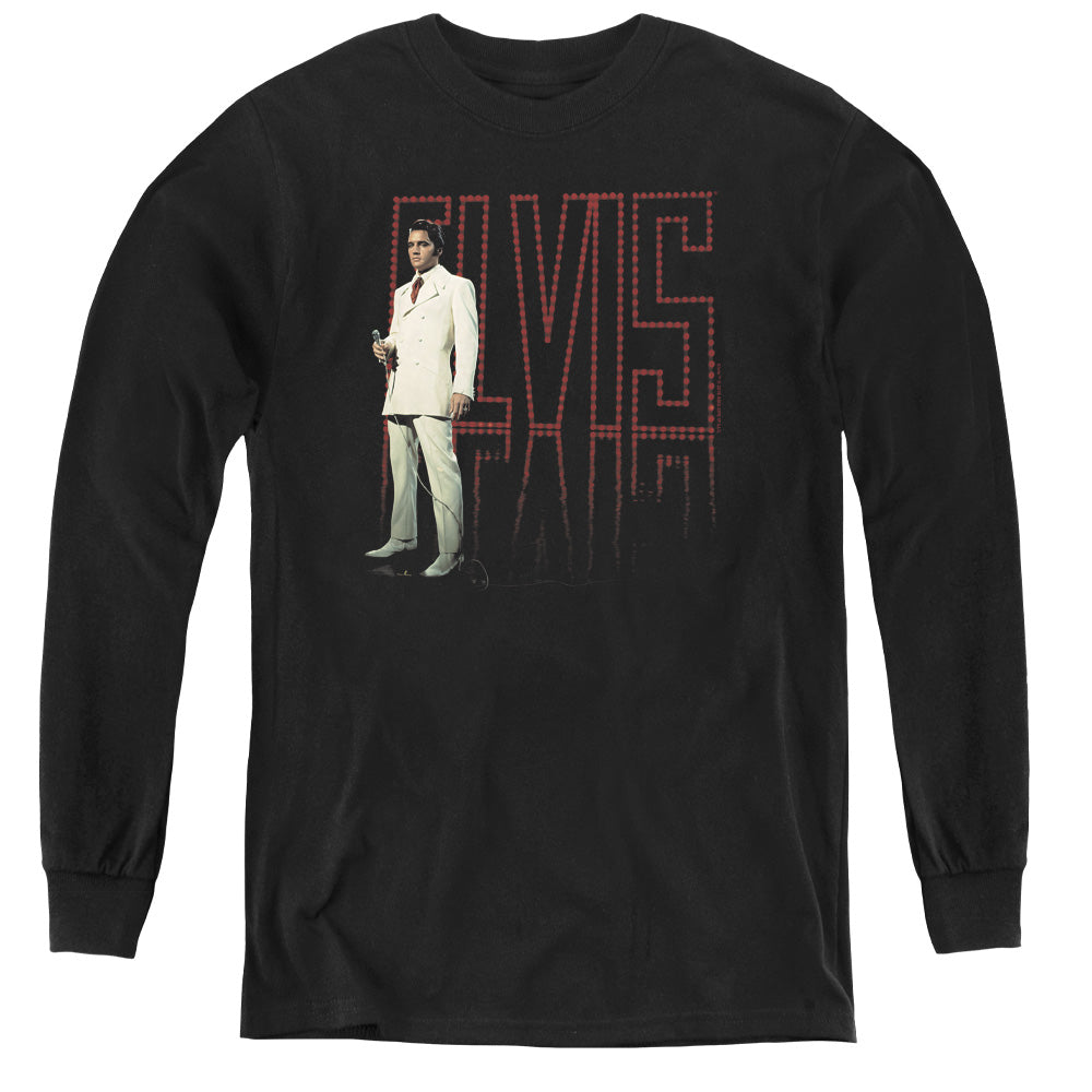 AN OFFCIALLY LICENSED ELVIS PRESLEY WHITE SUIT YOUTH LONG SLEEVE T-SHIRT BLACK