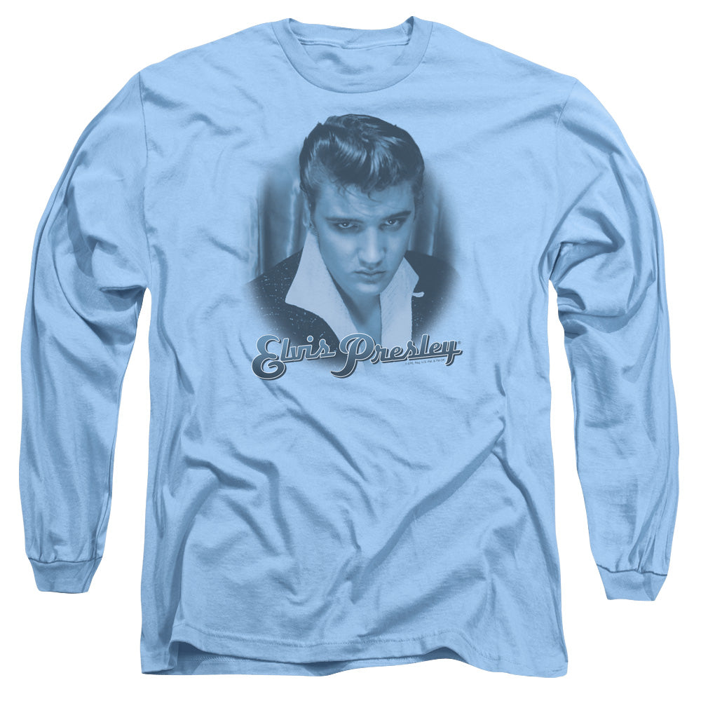 AN OFFCIALLY LICENSED ELVIS PRESLEY BLUE SUEDE FADE MEN'S LONG SLEEVE T-SHIRT CAROLINA BLUE