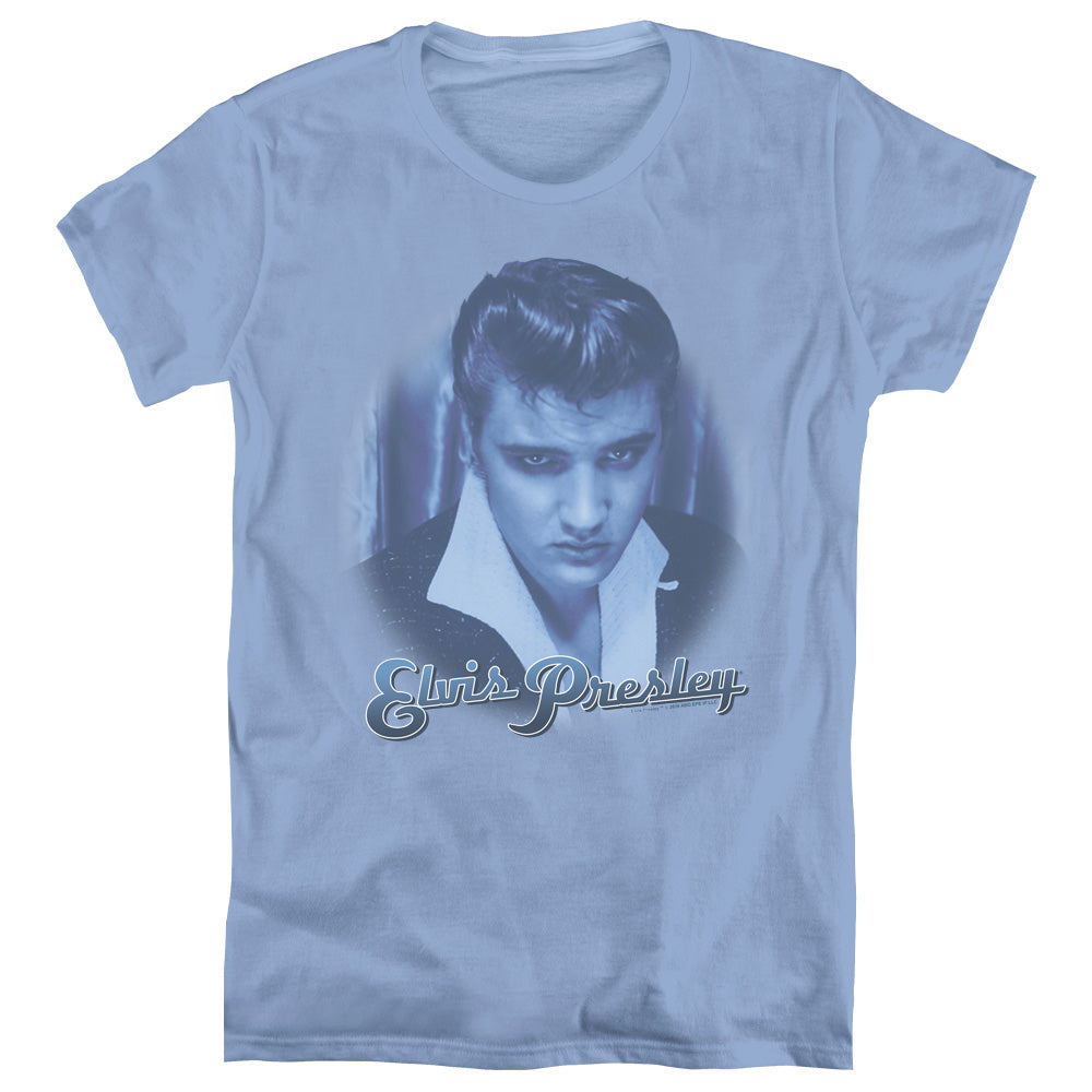 AN OFFCIALLY LICENSED ELVIS PRESLEY BLUE SUEDE FADE WOMEN'S REGULAR FIT T-SHIRT CAROLINA BLUE