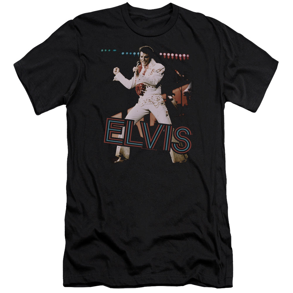 AN OFFCIALLY LICENSED ELVIS PRESLEY HIT THE LIGHTS MEN'S PREMIUM SLIM FIT T-SHIRT BLACK