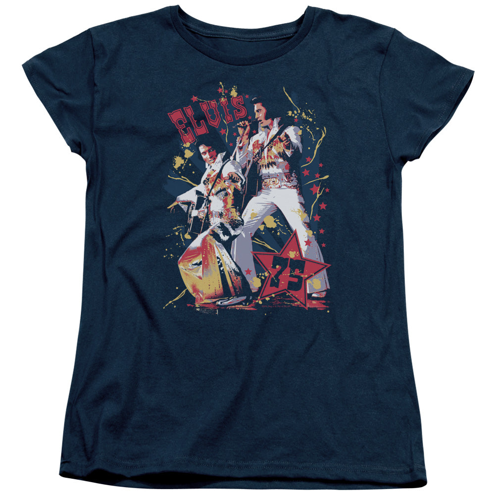 AN OFFCIALLY LICENSED ELVIS PRESLEY EAGLE ELVIS WOMEN'S REGULAR FIT T-SHIRT NAVY