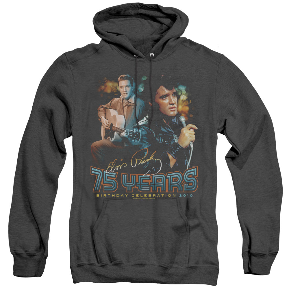 AN OFFCIALLY LICENSED ELVIS PRESLEY 75 YEARS ADULT UNISEX HEATHER PULLOVER HOODIE BLACK