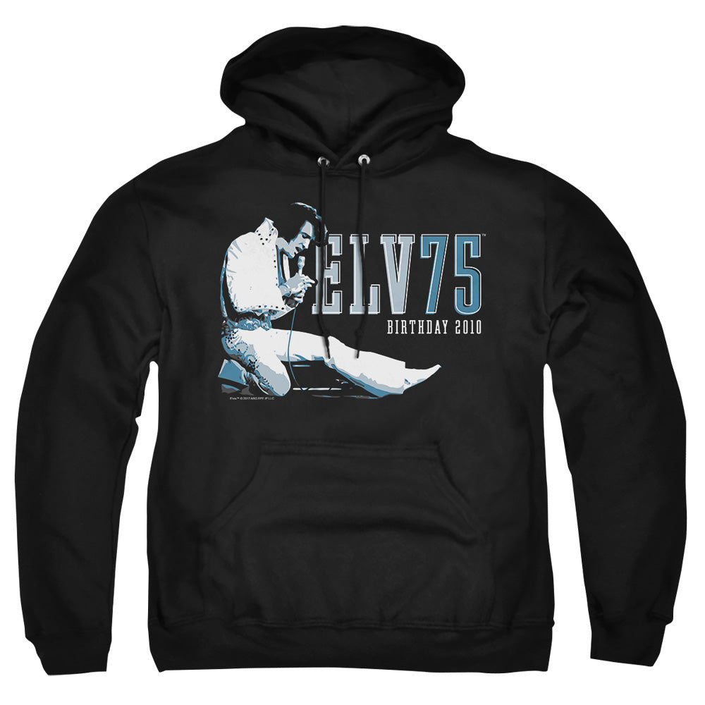 AN OFFCIALLY LICENSED ELVIS PRESLEY ELV 75 LOGO ADULT UNISEX PULLOVER HOODIE BLACK