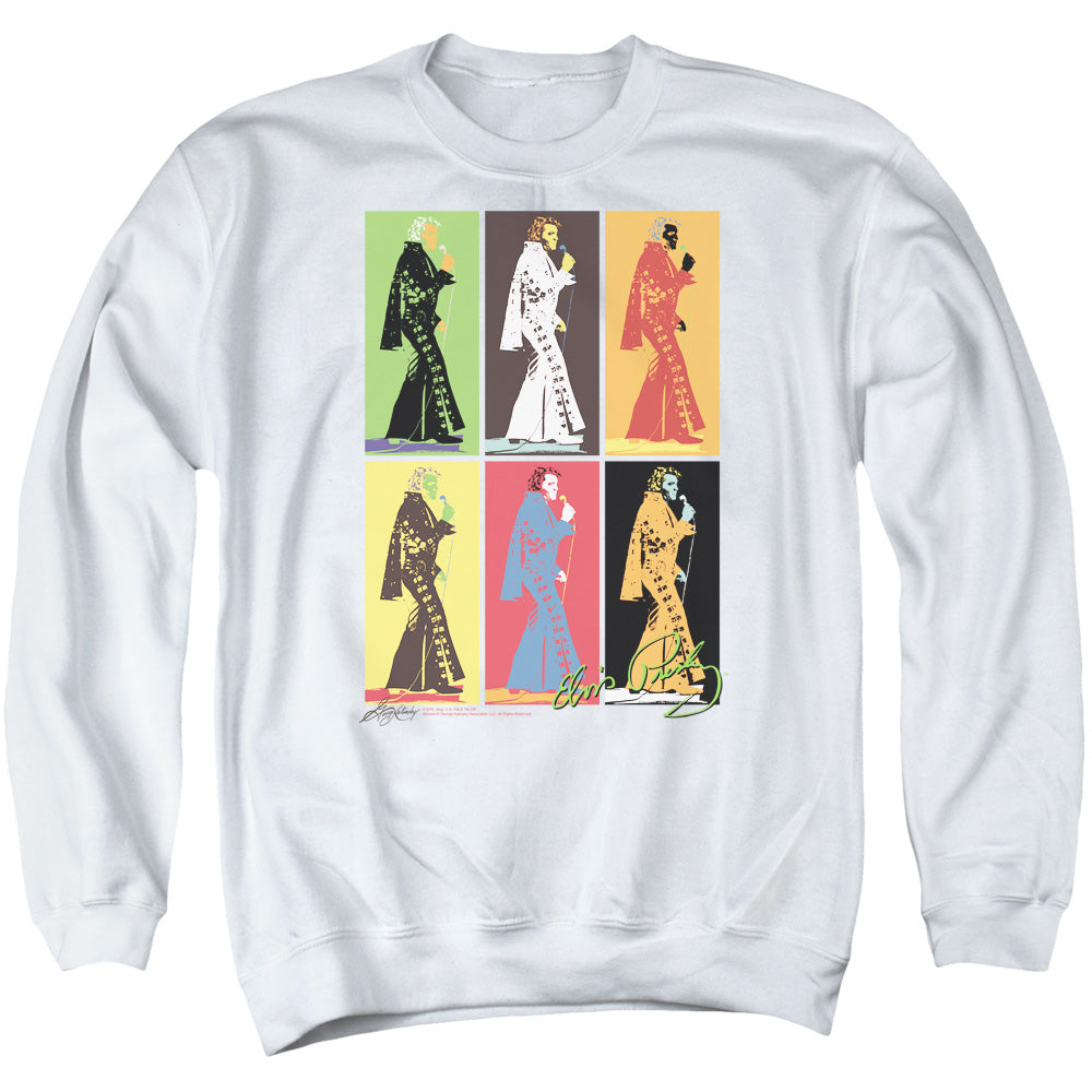AN OFFCIALLY LICENSED ELVIS PRESLEY RETRO BOXES ADULT UNISEX CREWNECK SWEATSHIRT WHITE