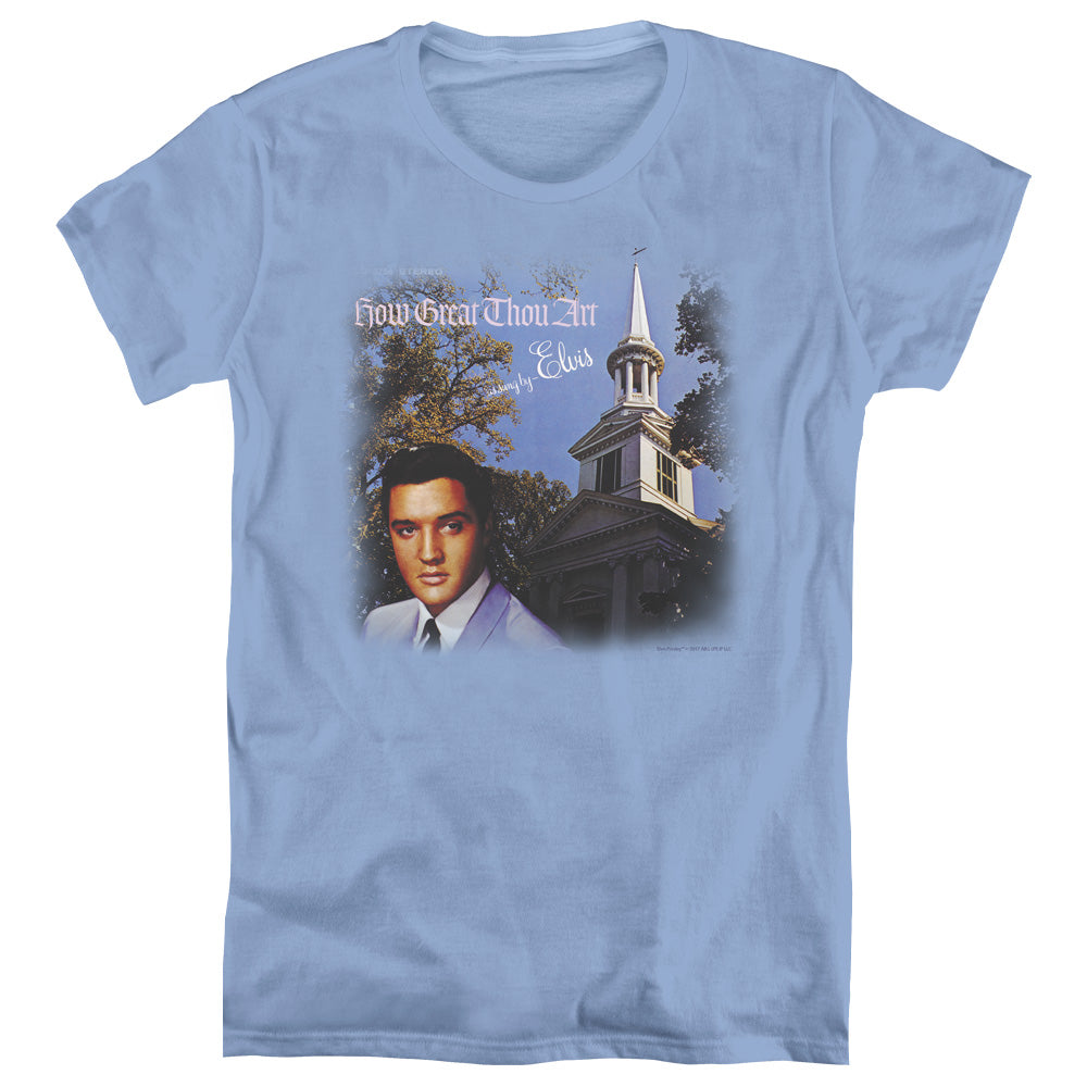 AN OFFCIALLY LICENSED ELVIS PRESLEY HOW GREAT THOU ART WOMEN'S REGULAR FIT T-SHIRT CAROLINA BLUE