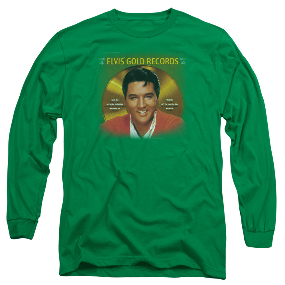 AN OFFCIALLY LICENSED ELVIS PRESLEY GOLD RECORDS MEN'S LONG SLEEVE T-SHIRT KELLY GREEN