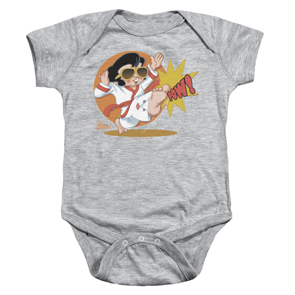 AN OFFCIALLY LICENSED ELVIS PRESLEY KARATE KING BABY BODYSUIT ATHLETIC HEATHER