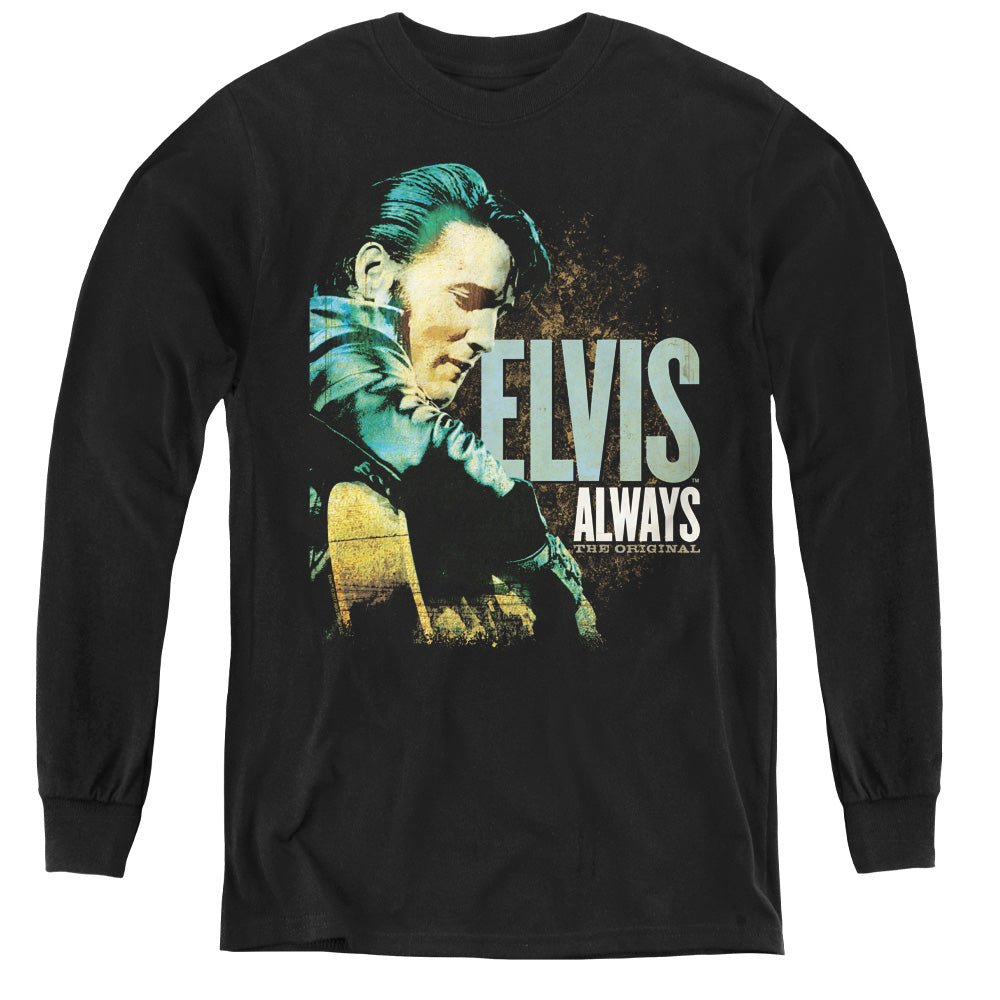 AN OFFCIALLY LICENSED ELVIS PRESLEY ALWAYS THE ORIGINAL YOUTH LONG SLEEVE T-SHIRT BLACK