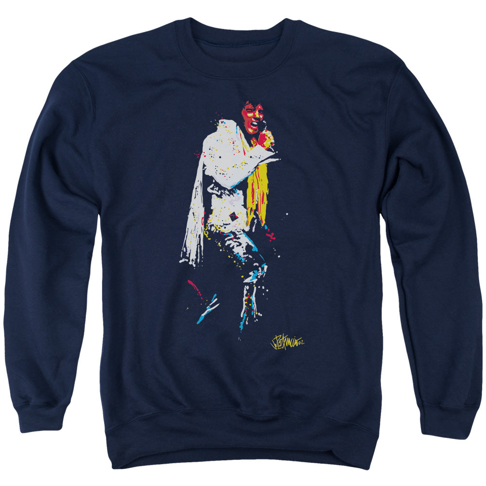 AN OFFCIALLY LICENSED ELVIS PRESLEY YELLOW SCARF ADULT UNISEX CREWNECK SWEATSHIRT NAVY