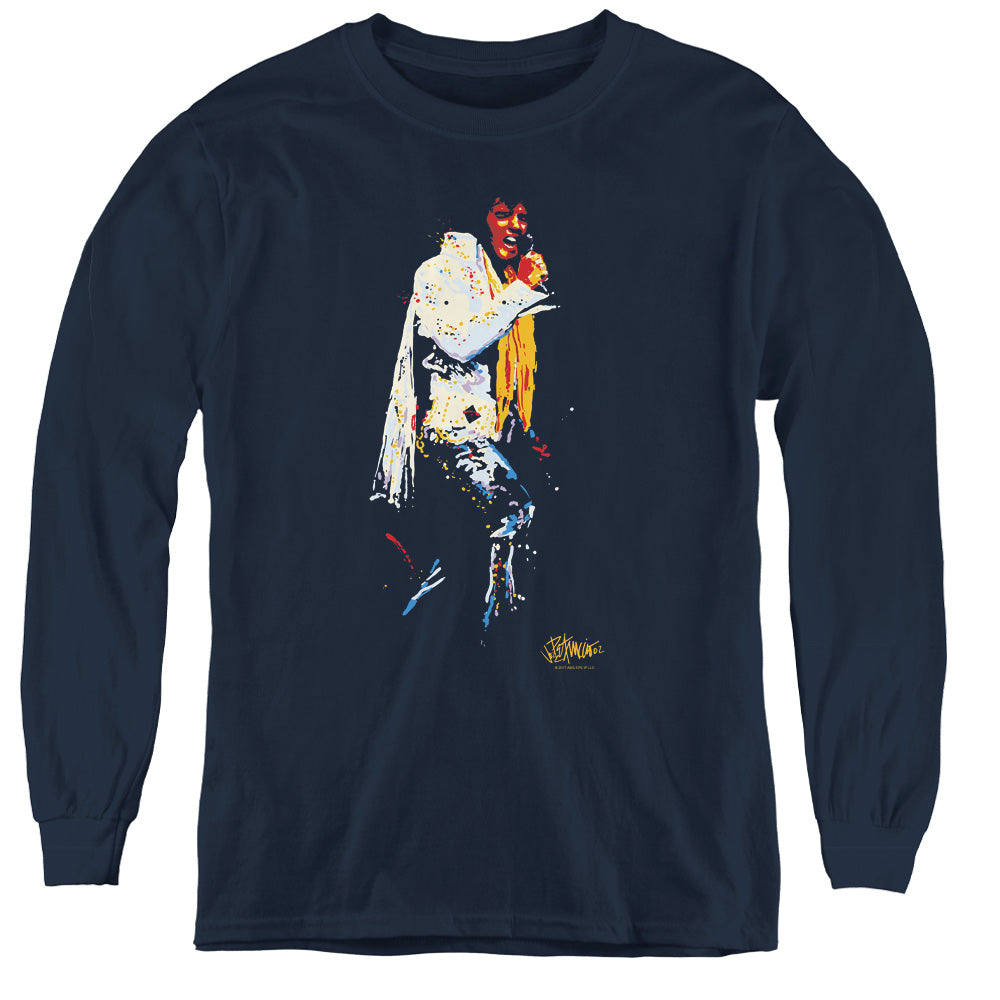 AN OFFCIALLY LICENSED ELVIS PRESLEY YELLOW SCARF YOUTH LONG SLEEVE T-SHIRT NAVY