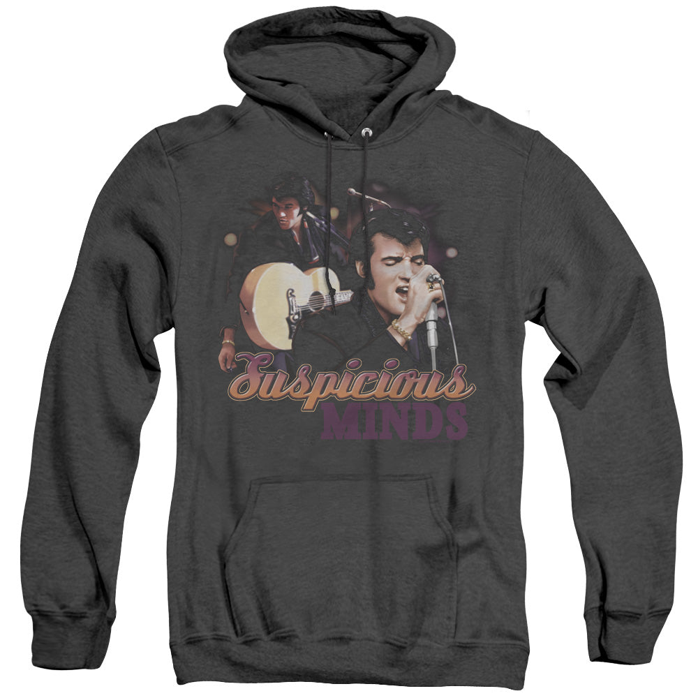 AN OFFCIALLY LICENSED ELVIS PRESLEY SUSPICIOUS MINDS ADULT UNISEX HEATHER PULLOVER HOODIE BLACK