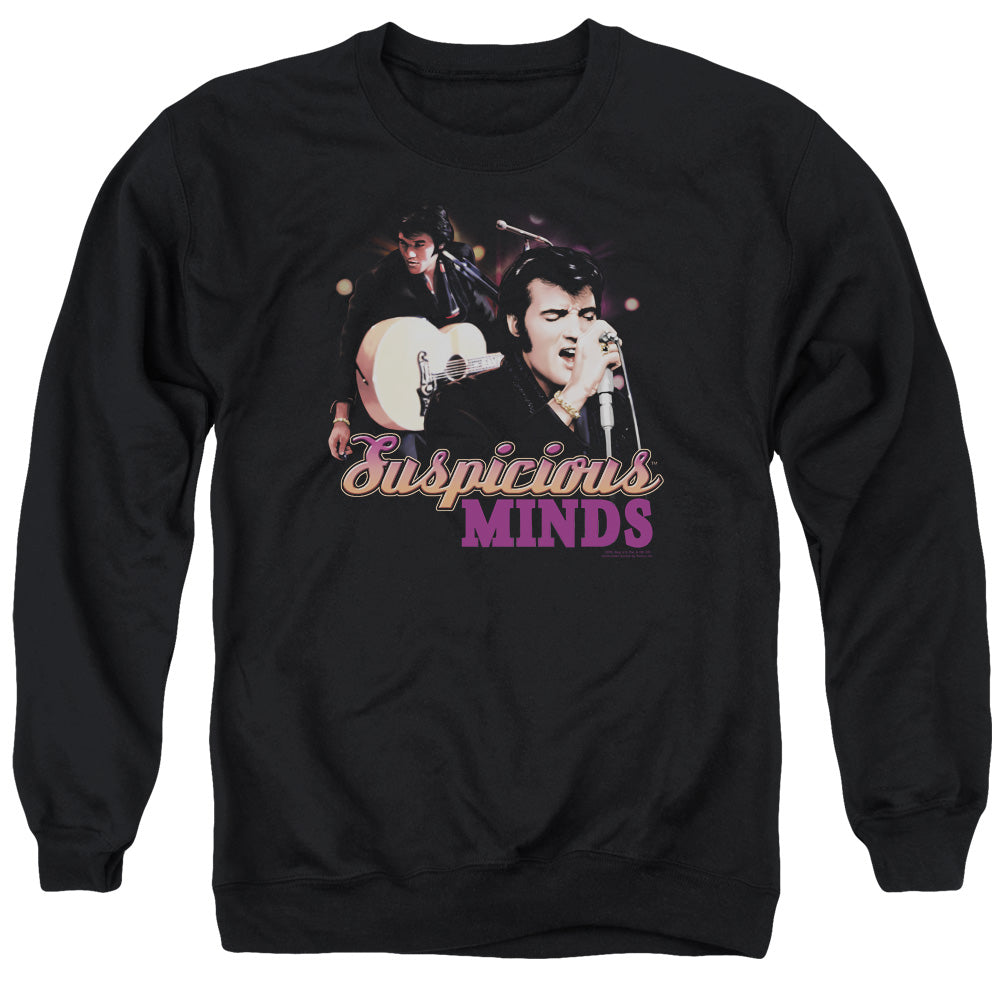 AN OFFCIALLY LICENSED ELVIS PRESLEY SUSPICIOUS MINDS ADULT UNISEX CREWNECK SWEATSHIRT BLACK