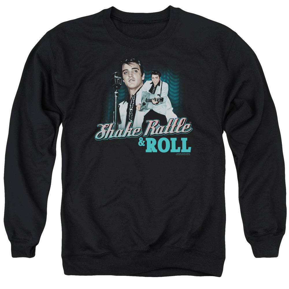 AN OFFCIALLY LICENSED ELVIS PRESLEY SHAKE RATTLE & ROLL ADULT UNISEX CREWNECK SWEATSHIRT BLACK