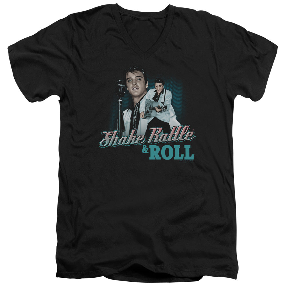 AN OFFCIALLY LICENSED ELVIS PRESLEY SHAKE RATTLE & ROLL MEN'S V-NECK T-SHIRT BLACK