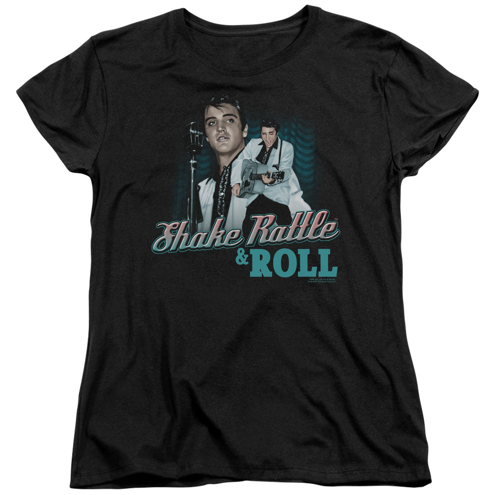 AN OFFCIALLY LICENSED ELVIS PRESLEY SHAKE RATTLE & ROLL WOMEN'S REGULAR FIT T-SHIRT BLACK