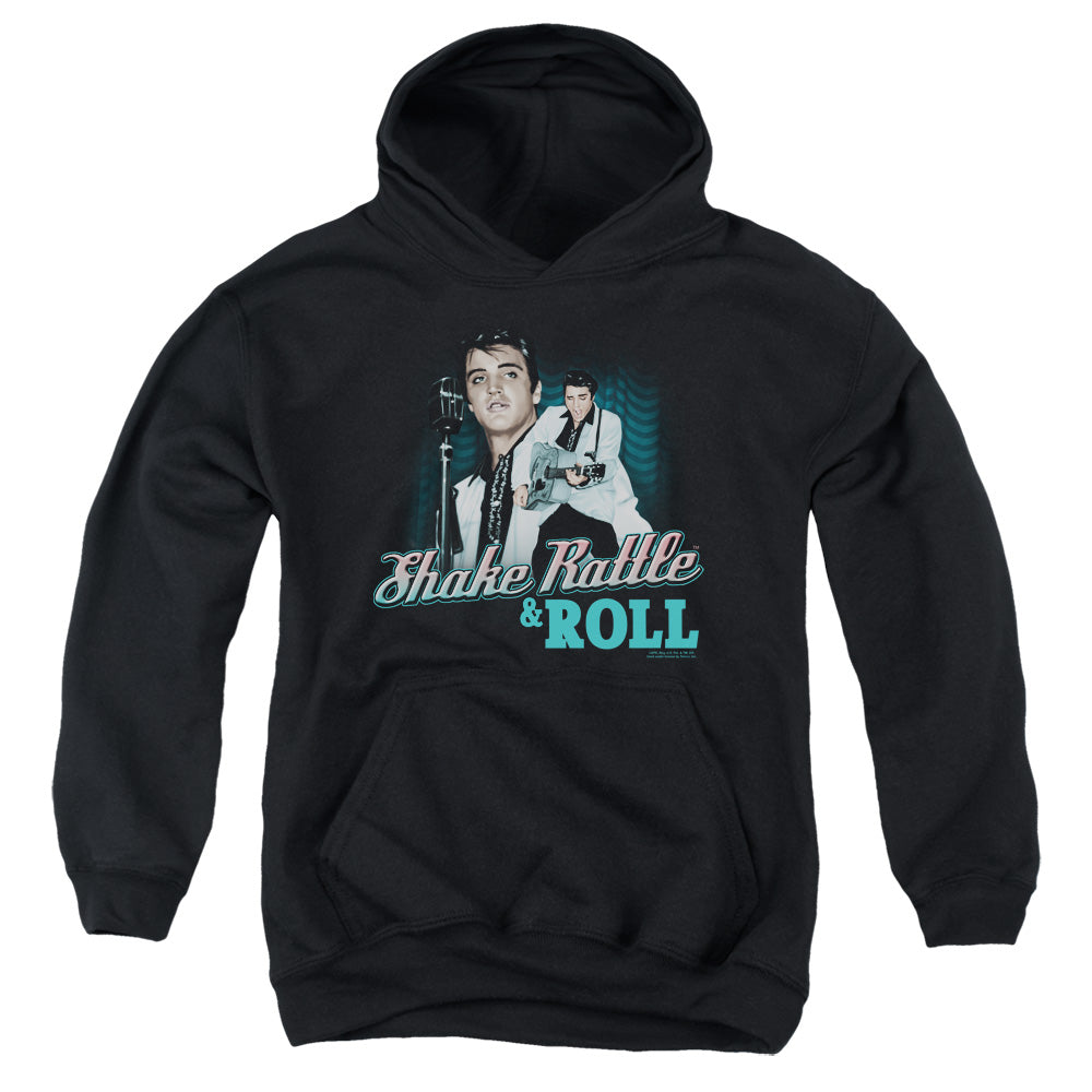 AN OFFCIALLY LICENSED ELVIS PRESLEY SHAKE RATTLE & ROLL YOUTH HOODIE BLACK