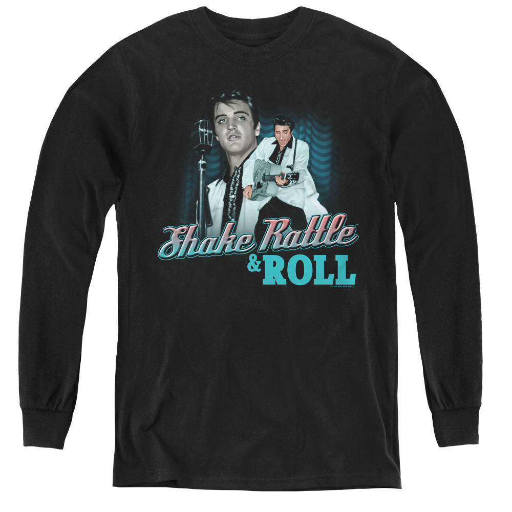 AN OFFCIALLY LICENSED ELVIS PRESLEY SHAKE RATTLE & ROLL YOUTH LONG SLEEVE T-SHIRT BLACK