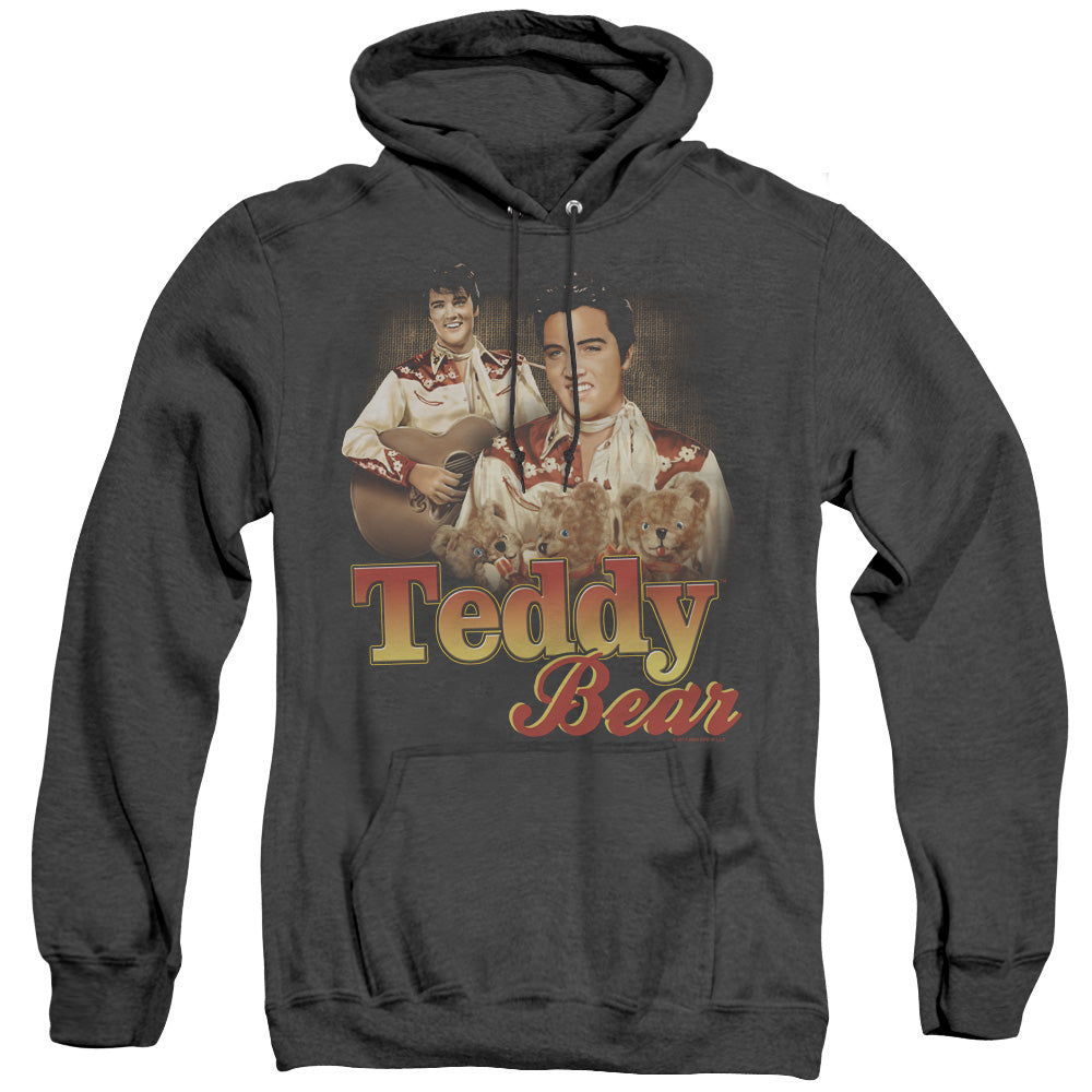 AN OFFCIALLY LICENSED ELVIS PRESLEY TEDDY BEAR ADULT UNISEX HEATHER PULLOVER HOODIE BLACK