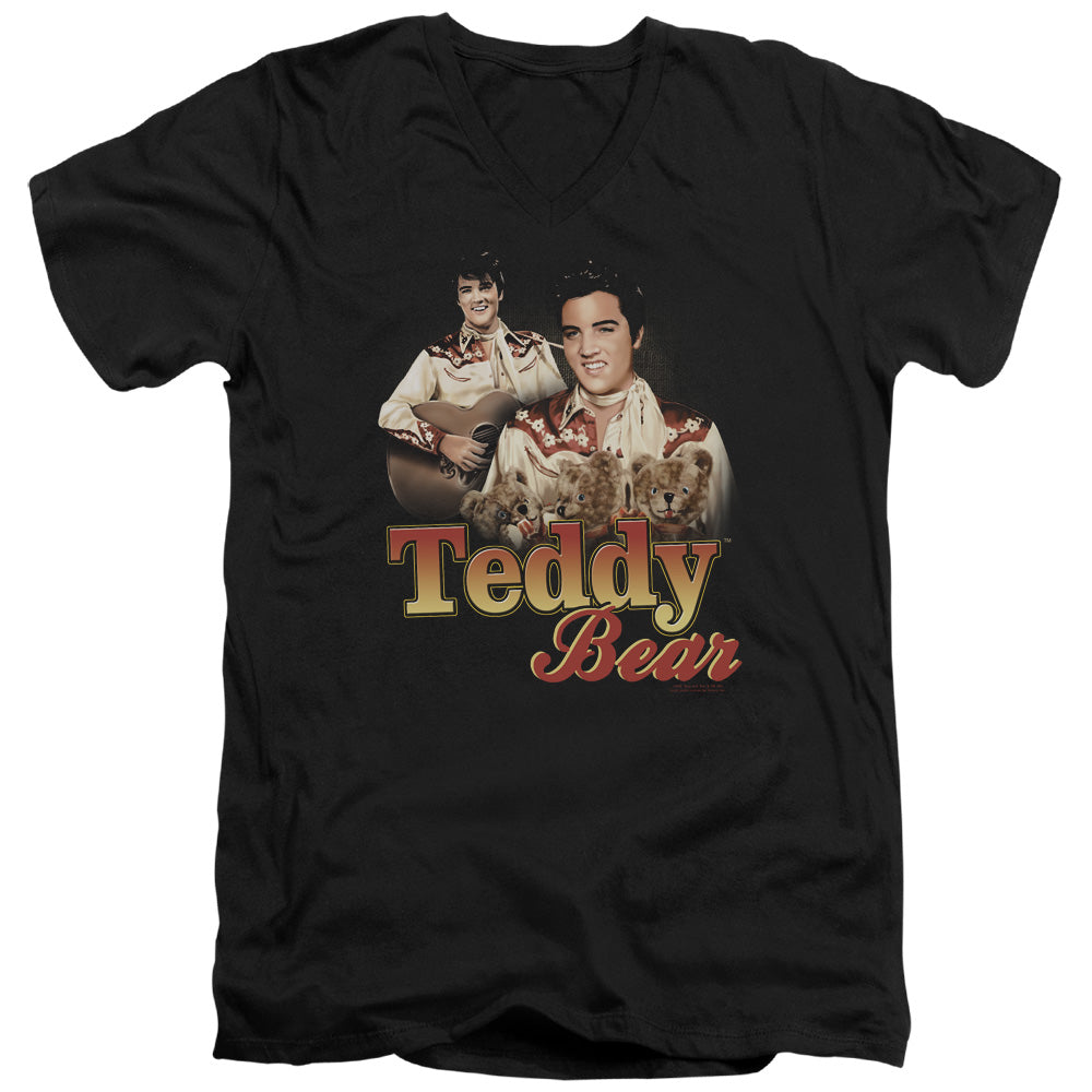 AN OFFCIALLY LICENSED ELVIS PRESLEY TEDDY BEAR MEN'S V-NECK T-SHIRT BLACK