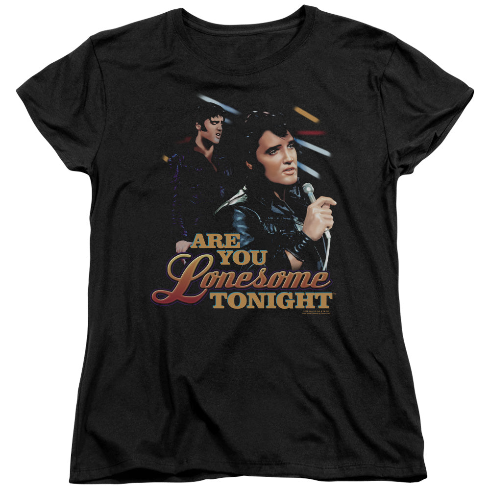 AN OFFCIALLY LICENSED ELVIS PRESLEY ARE YOU LONESOME WOMEN'S REGULAR FIT T-SHIRT BLACK