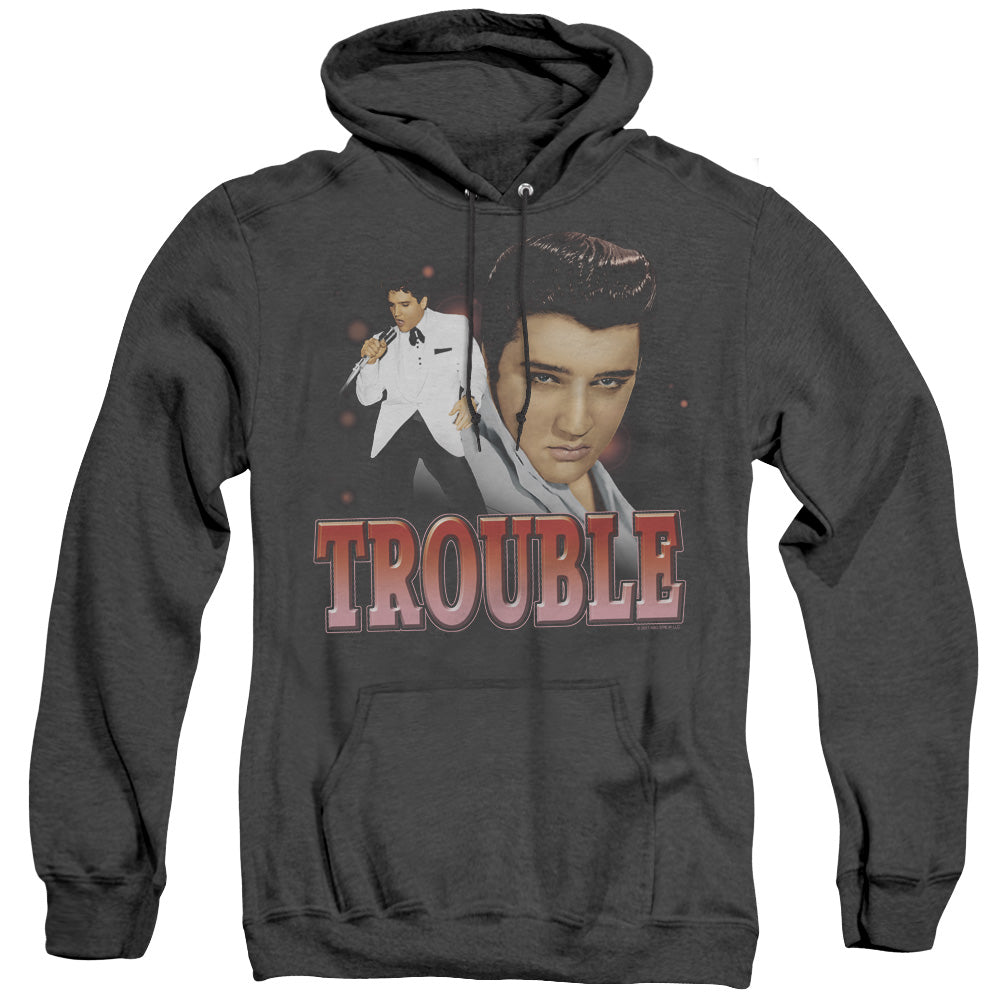 AN OFFCIALLY LICENSED ELVIS PRESLEY TROUBLE ADULT UNISEX HEATHER PULLOVER HOODIE BLACK