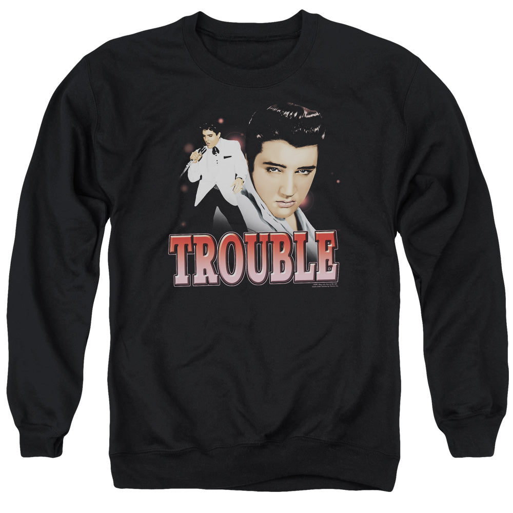 AN OFFCIALLY LICENSED ELVIS PRESLEY TROUBLE ADULT UNISEX CREWNECK SWEATSHIRT BLACK